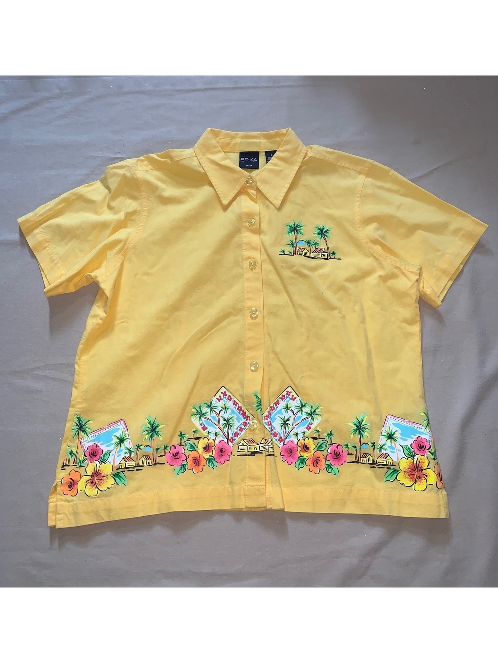 Erika Petite Yellow Cotton Hawaiian Button-Up Shirt with Floral and Palm Tree Ap